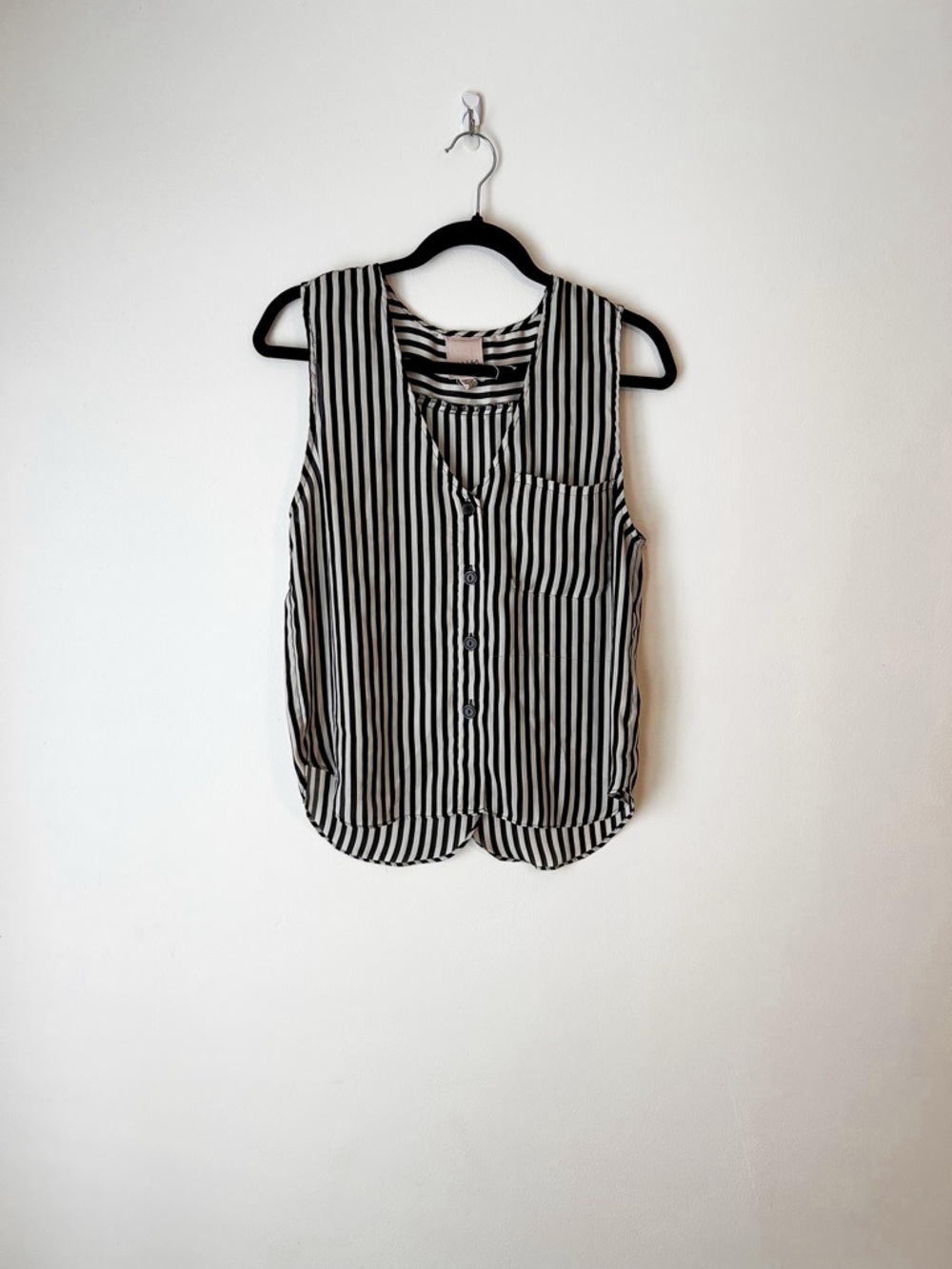 Sleeveless Black and White Vertical-Stripe Button Front Blouse